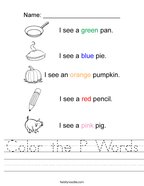 Color the P Words Handwriting Sheet