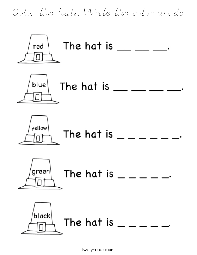 Color the hats. Write the color words. Coloring Page
