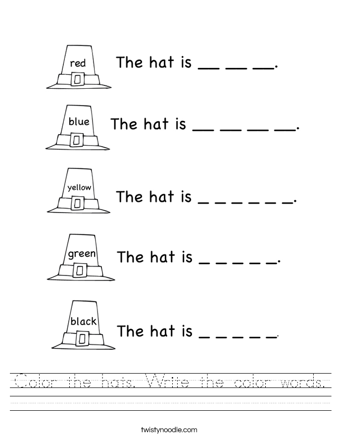 Color the hats. Write the color words. Worksheet