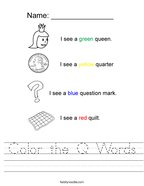 Color the Q Words Handwriting Sheet