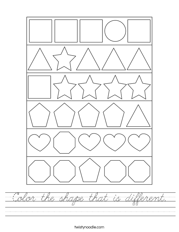 Color the shape that is different. Worksheet