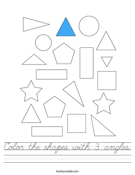Color the shapes with 3 angles. Worksheet
