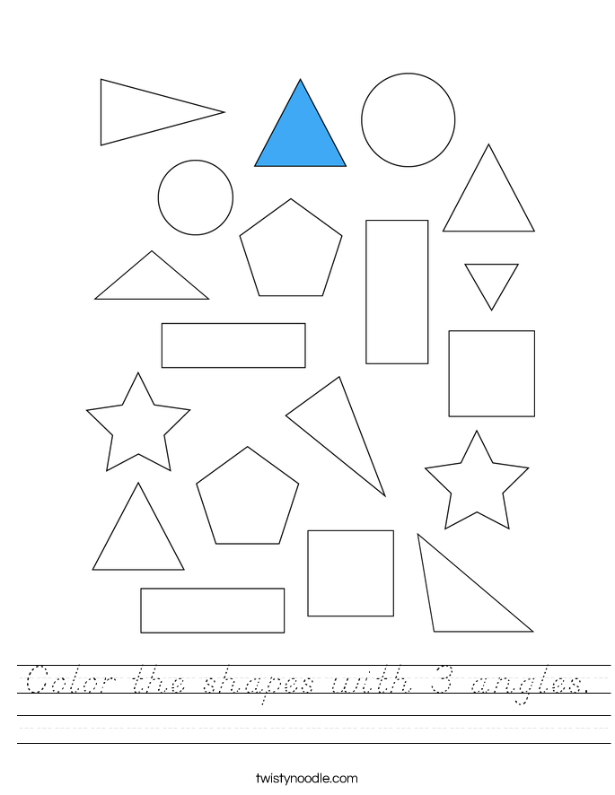 Color the shapes with 3 angles. Worksheet