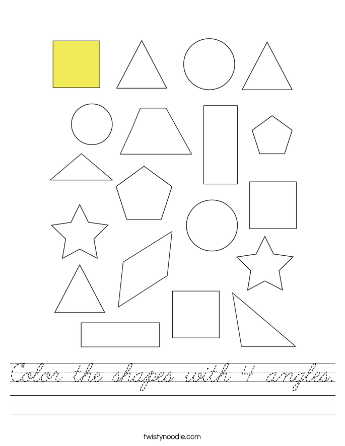 Color the shapes with 4 angles. Worksheet