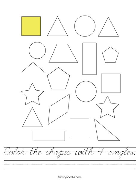 Color the shapes with 4 angles. Worksheet