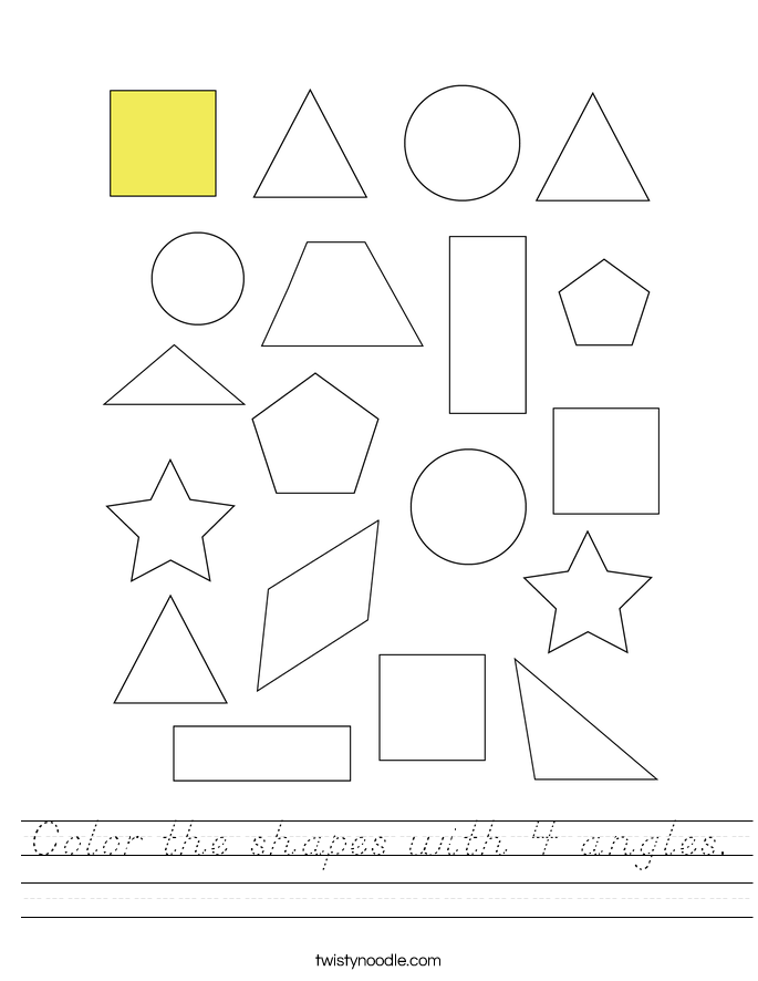 Color the shapes with 4 angles. Worksheet