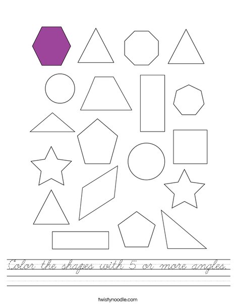 Color the shapes with 5 or more angles. Worksheet