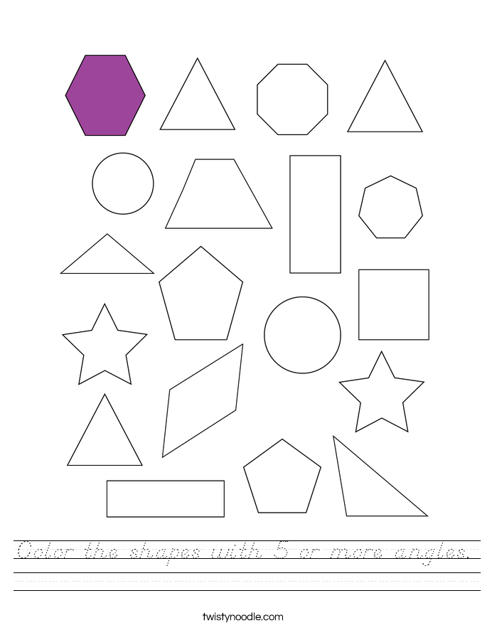 Color the shapes with 5 or more angles. Worksheet