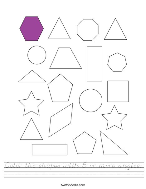 Color the shapes with 5 or more angles. Worksheet