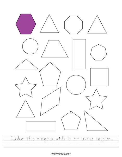 Color the shapes with 5 or more angles. Worksheet
