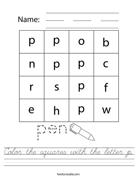 Color the square with the letter p. Worksheet