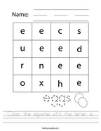 Color the squares with the letter e Handwriting Sheet