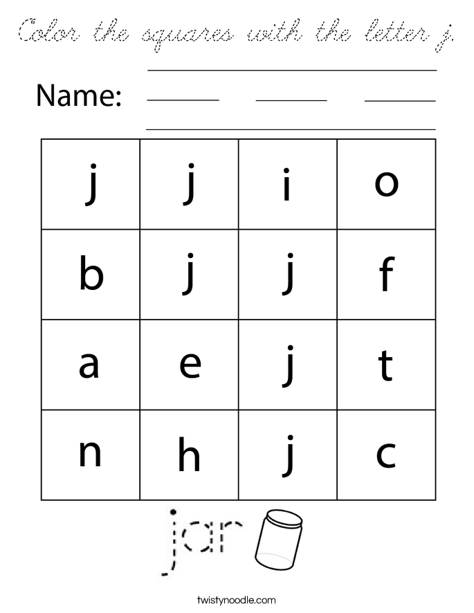 Color the squares with the letter j Coloring Page - Cursive - Twisty Noodle