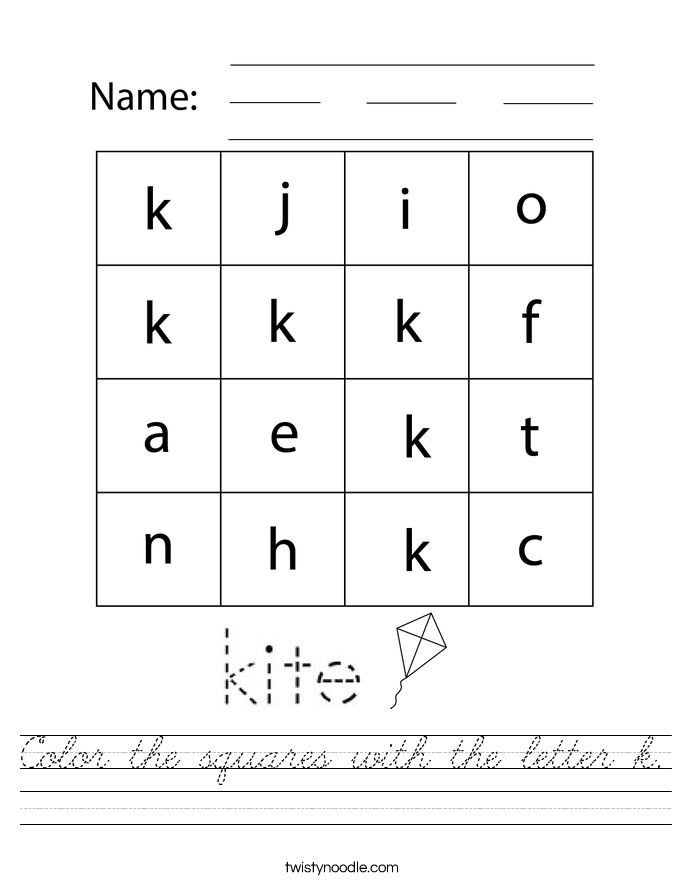 Color the squares with the letter k. Worksheet