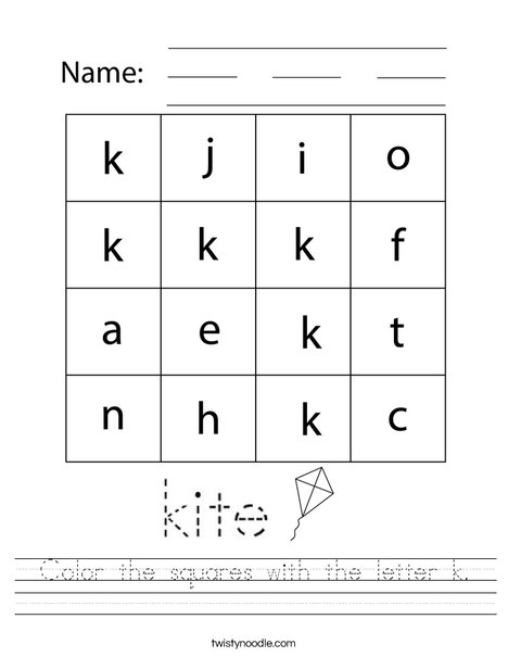 Color the squares with the letter k. Worksheet