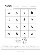 Color the squares with the letter x Handwriting Sheet