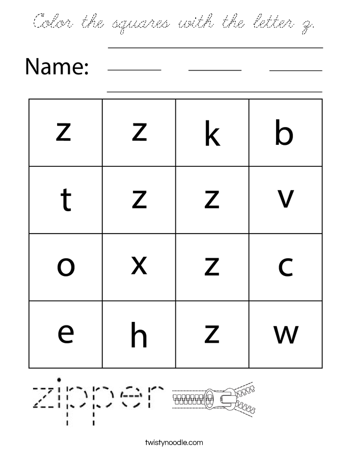 Color the squares with the letter z Coloring Page - Cursive - Twisty Noodle