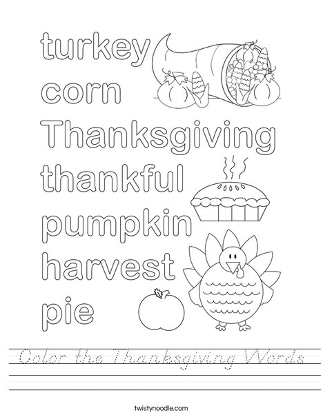 Color the Thanksgiving Words Worksheet