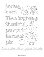 Color the Thanksgiving Words Handwriting Sheet