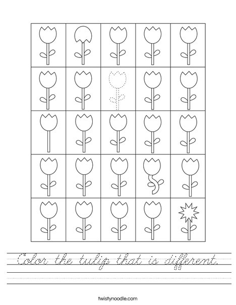Color the tulip that is different. Worksheet