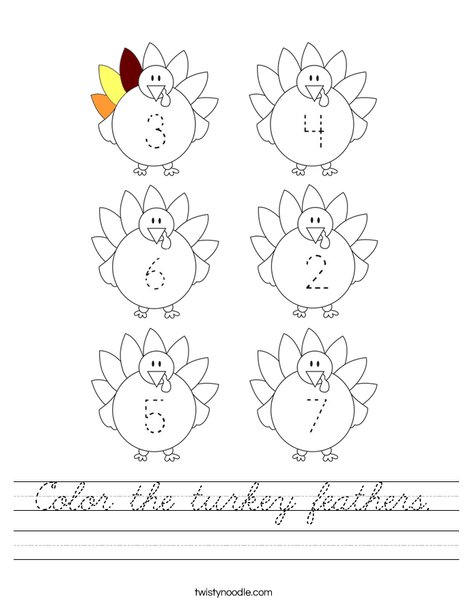 Color the turkey feathers. Worksheet
