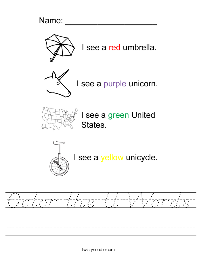 color the u words worksheet dnealian twisty noodle