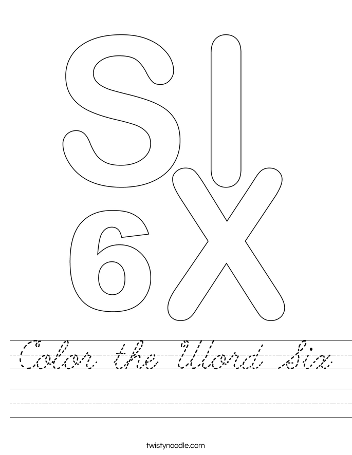 Color the Word Six Worksheet