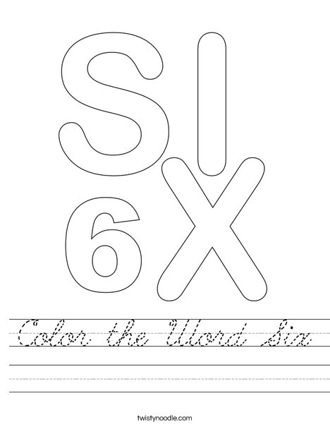 Color the Word Six Worksheet