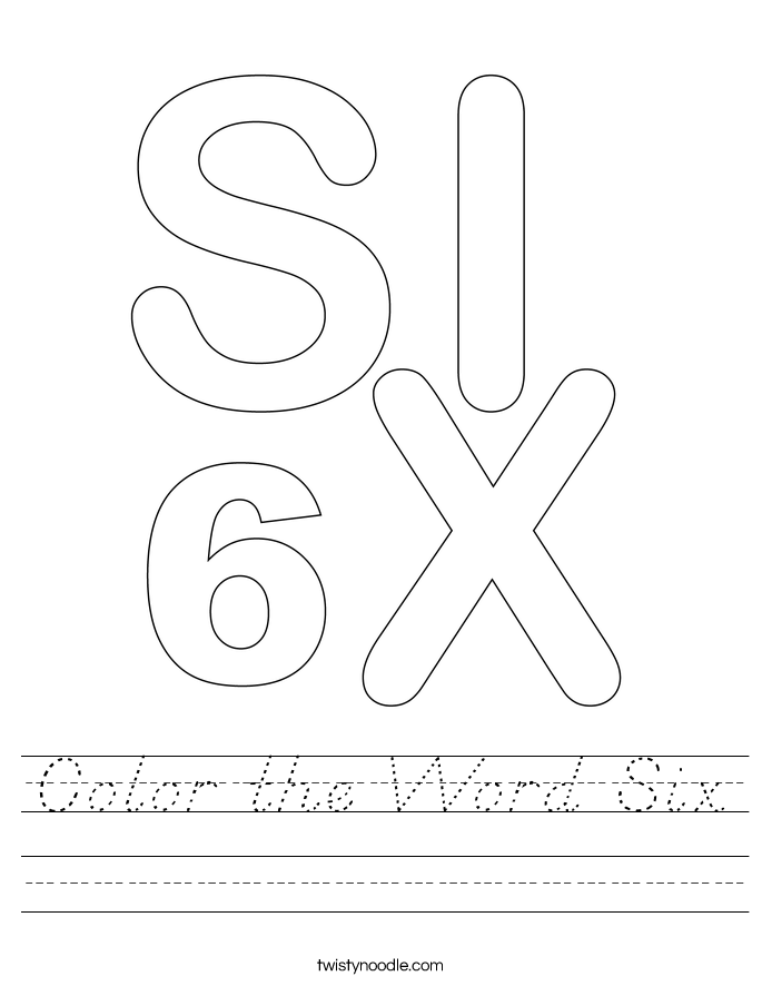 Color the Word Six Worksheet