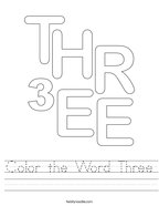 Color the Word Three Handwriting Sheet