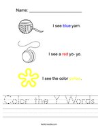 Color the Y Words Handwriting Sheet