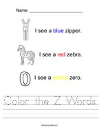 Color the Z Words Handwriting Sheet