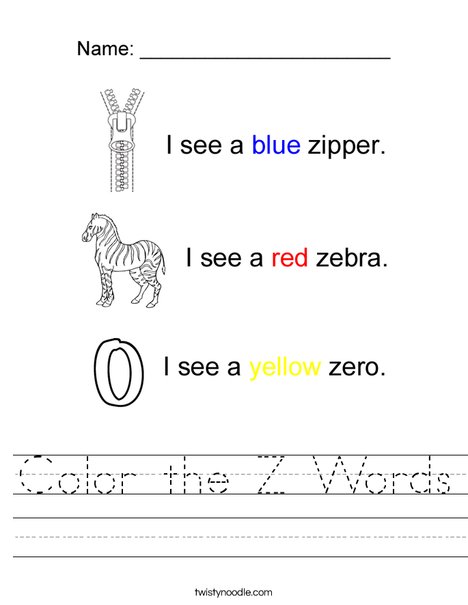color the z words worksheet twisty noodle