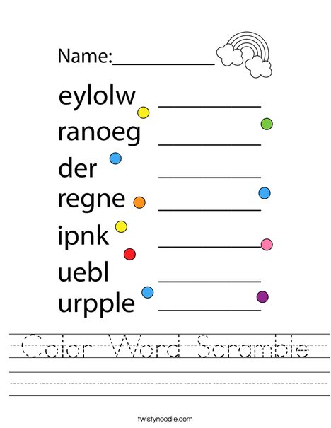 Color Word Scramble Worksheet Twisty Noodle