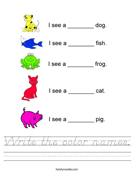 write the color names worksheet dnealian twisty noodle