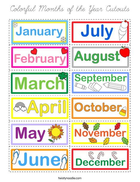 Colorful Months of the Year Cutouts Coloring Page