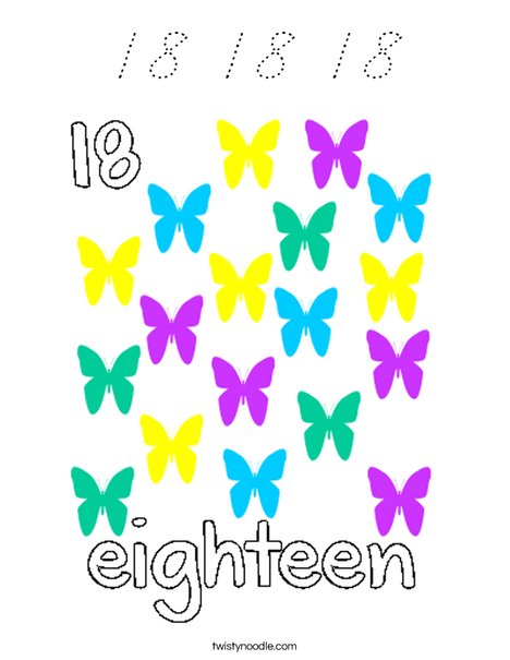 Count 18 butterflies Coloring Page