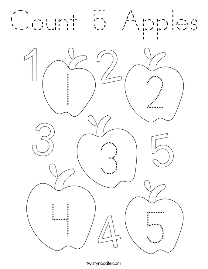 Count 5 Apples Coloring Page - Tracing - Twisty Noodle