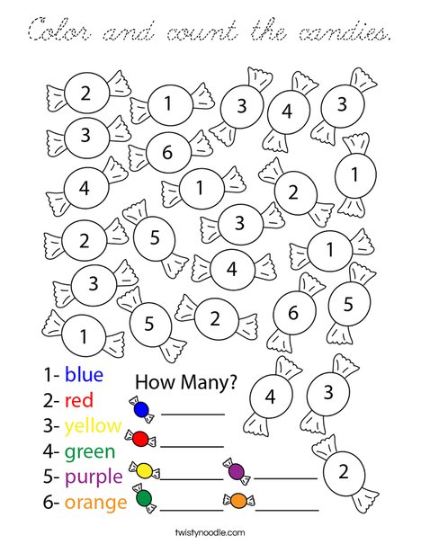 Count and color the candies. Coloring Page