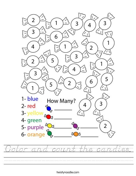 Count and color the candies. Worksheet