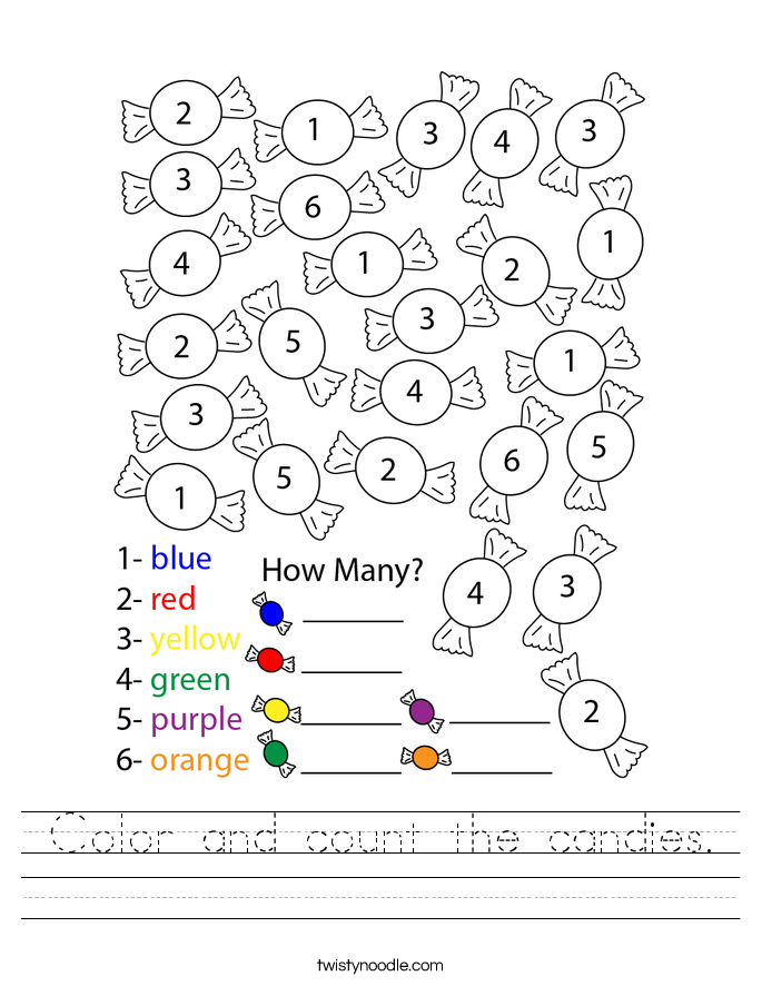 Color and count the candies. Worksheet