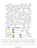 Color and count the candies. Worksheet