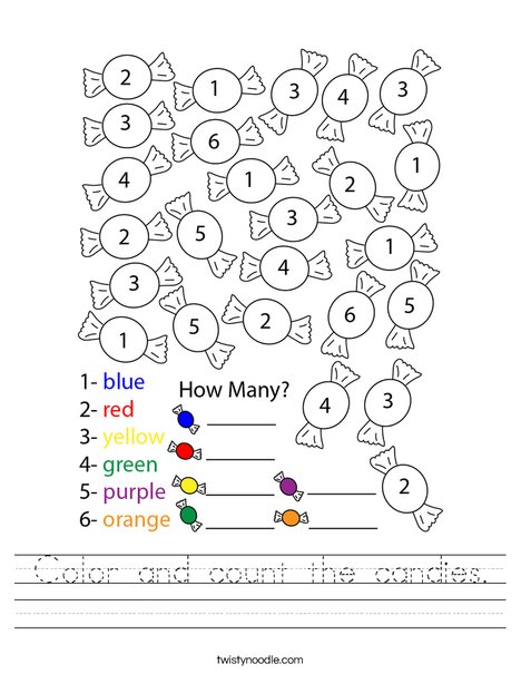 Count and color the candies. Worksheet