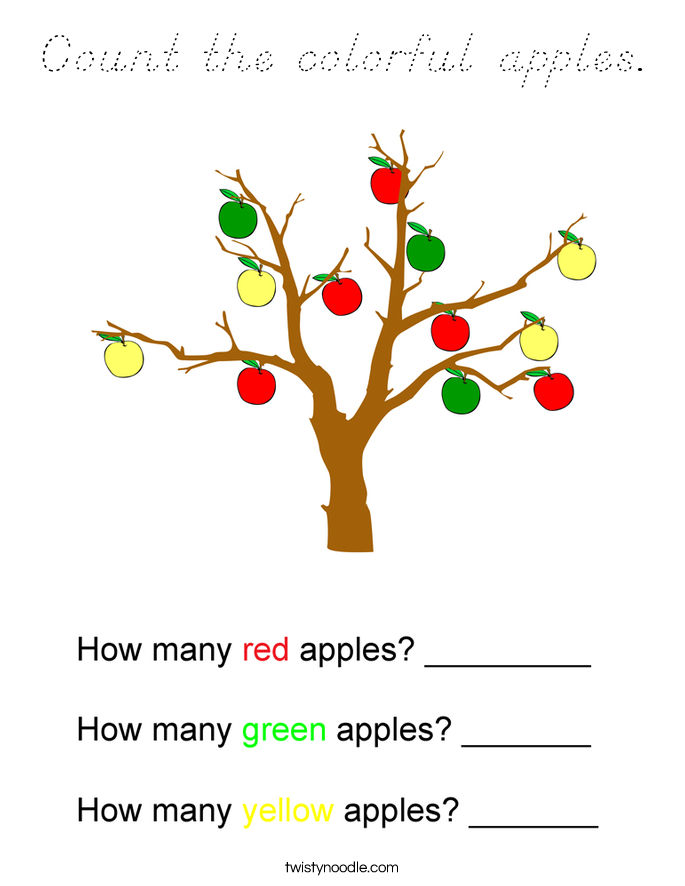 Count the colorful apples. Coloring Page