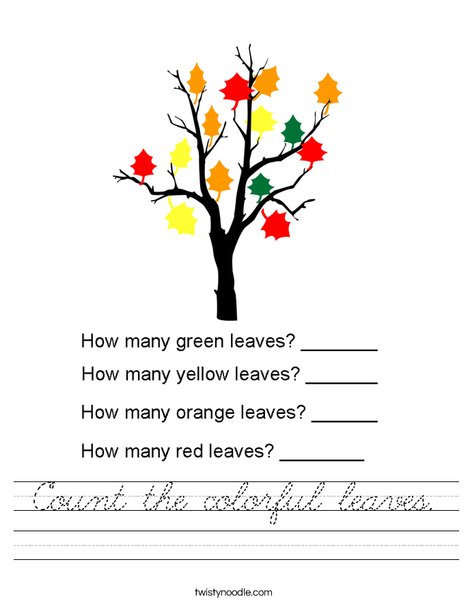 Count the colorful leaves. Worksheet
