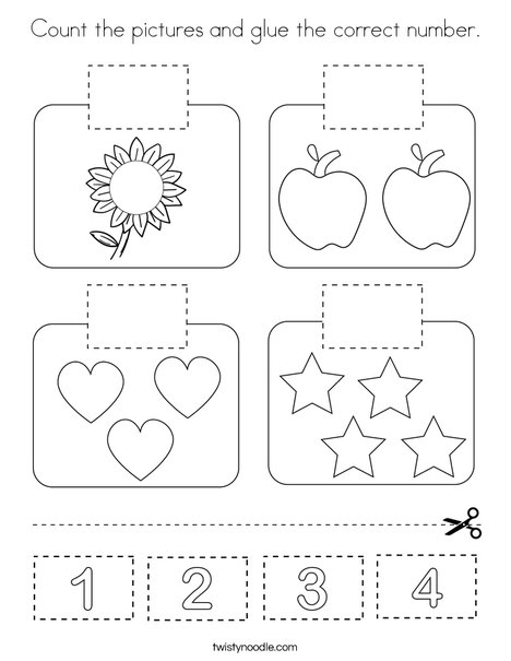 Count the pictures and glue the correct number. Coloring Page