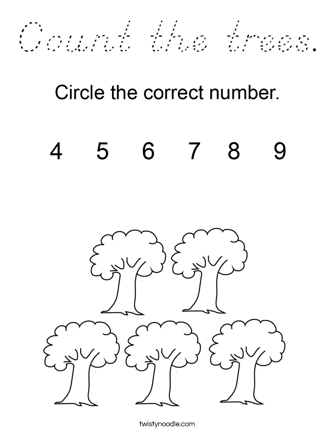 Count the trees Coloring Page - D'Nealian - Twisty Noodle