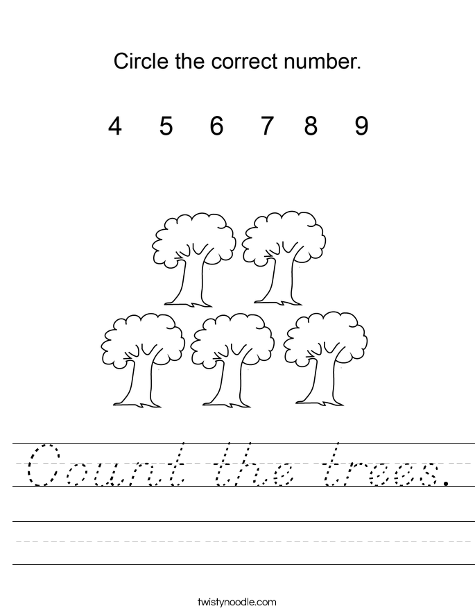 Count the trees Worksheet - D'Nealian - Twisty Noodle