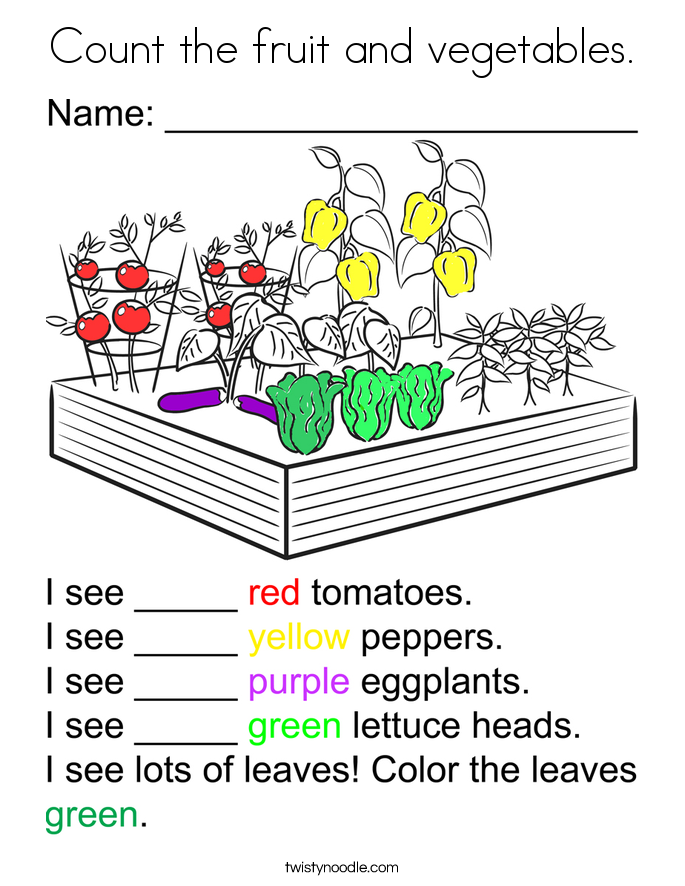 Count the fruit and vegetables. Coloring Page
