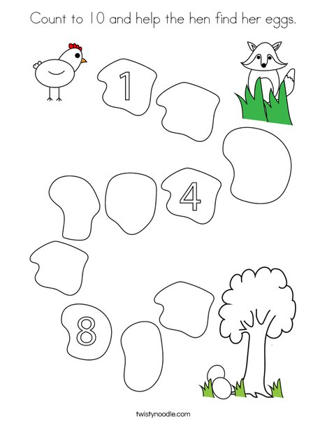 Count to 10 and help the hen find her eggs. Coloring Page